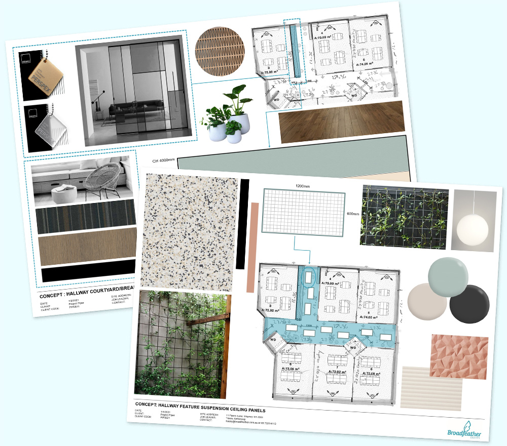 Two examples of the documentation shown to the client to help convey the concept and seek approval ready for progressing to design development.